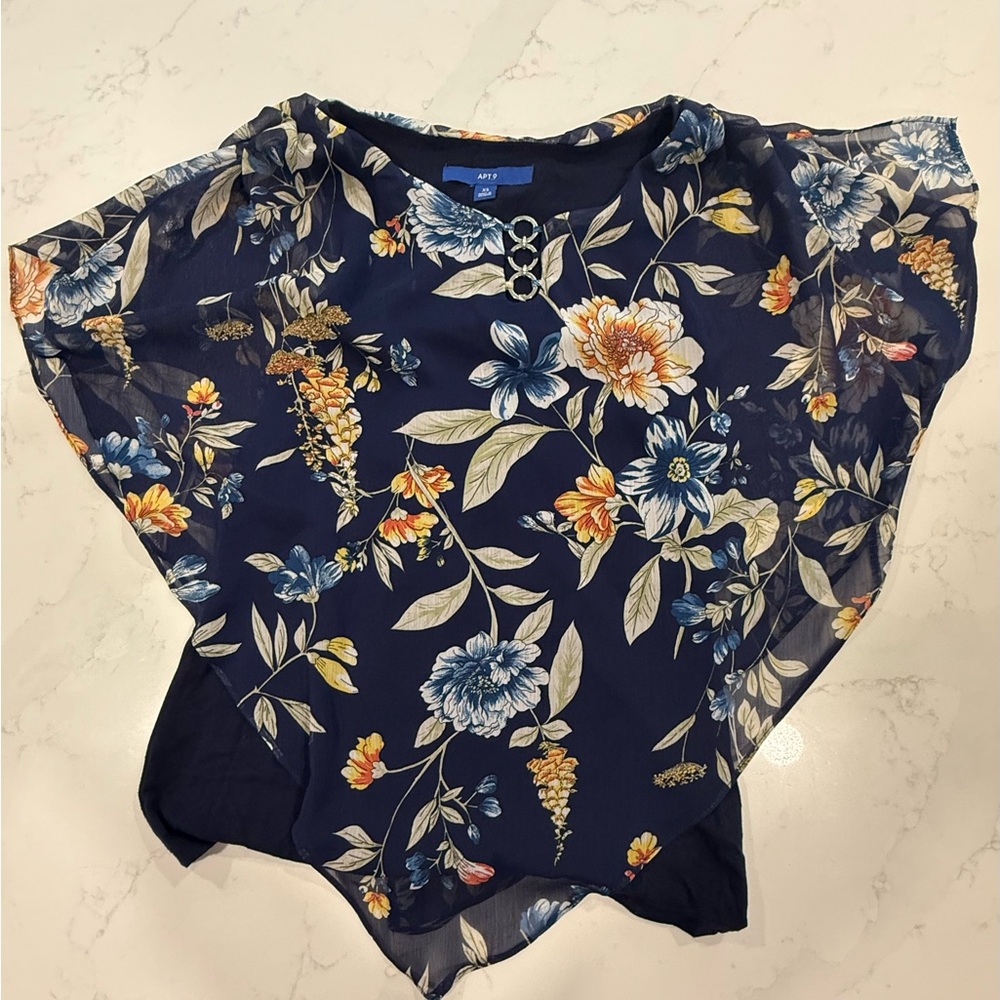 Apt. 9 Layered Navy Asymmetrical Blouse with Sheer Flowing Handkerchief Style XS